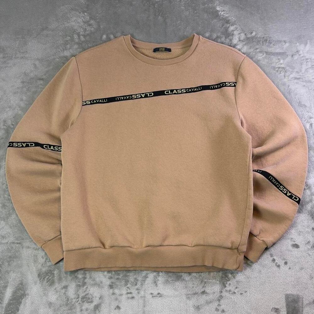 Cavalli Class Black Tape Logo Spellout Camel Brush Crewneck Sweater Size Large